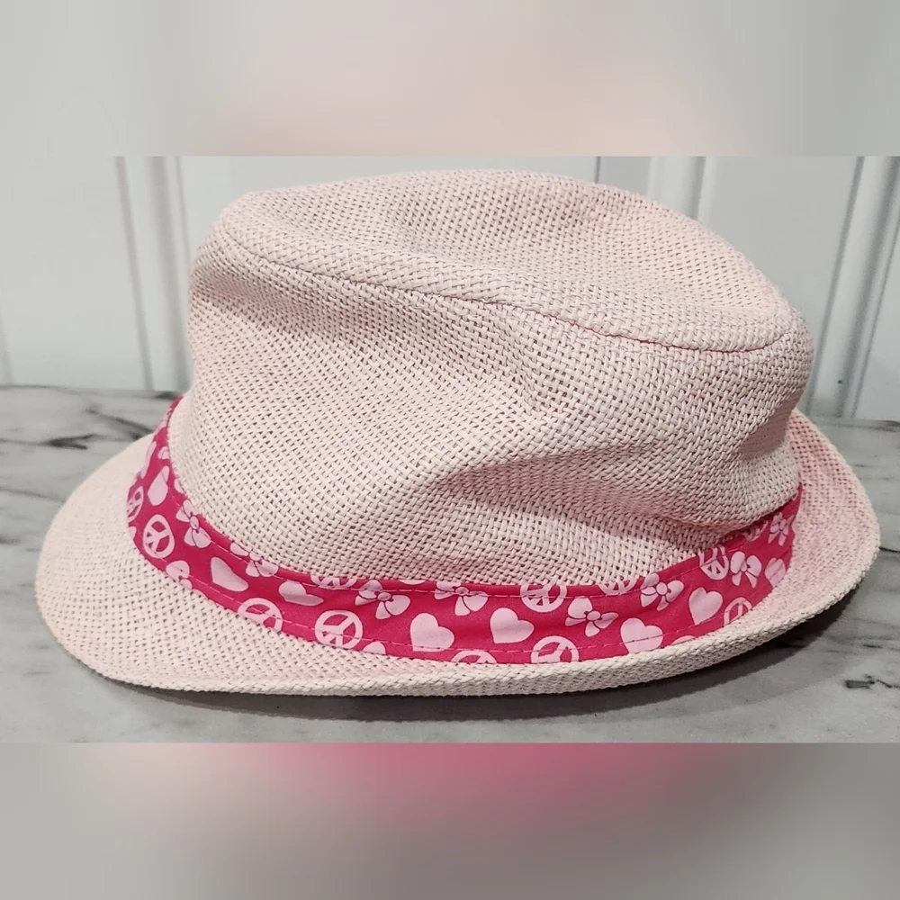 Sanrio Hello Kitty fedora hat pink - peace symbol, hearts, bows - Youth